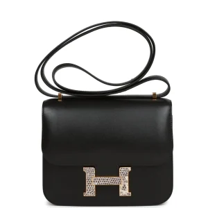 Hermès Constance 18 Black Tadelakt and Lizard Gold Hardware