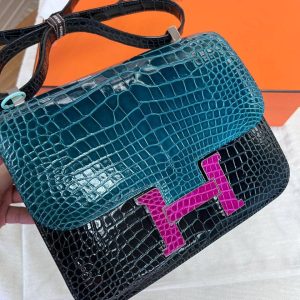 Hermès Constance Tricolor 24 Rose Poupre L3, Vert Bosphore W0, Vert Rousseau V0 Alligator Shiny Y